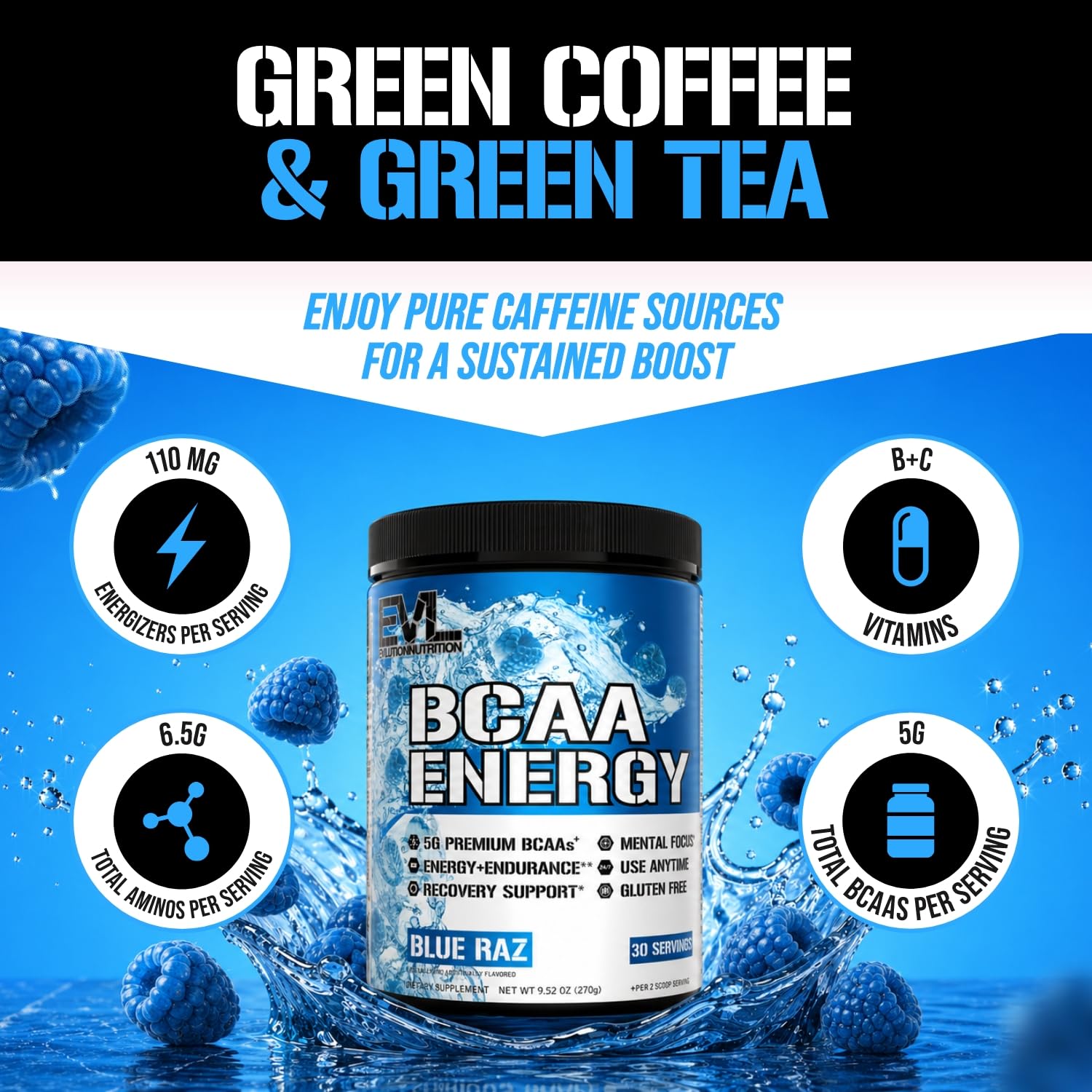 EVL BCAA Energy Amino Acids Powder with Natural Caffeine - Blue Raz — Amazon image 2