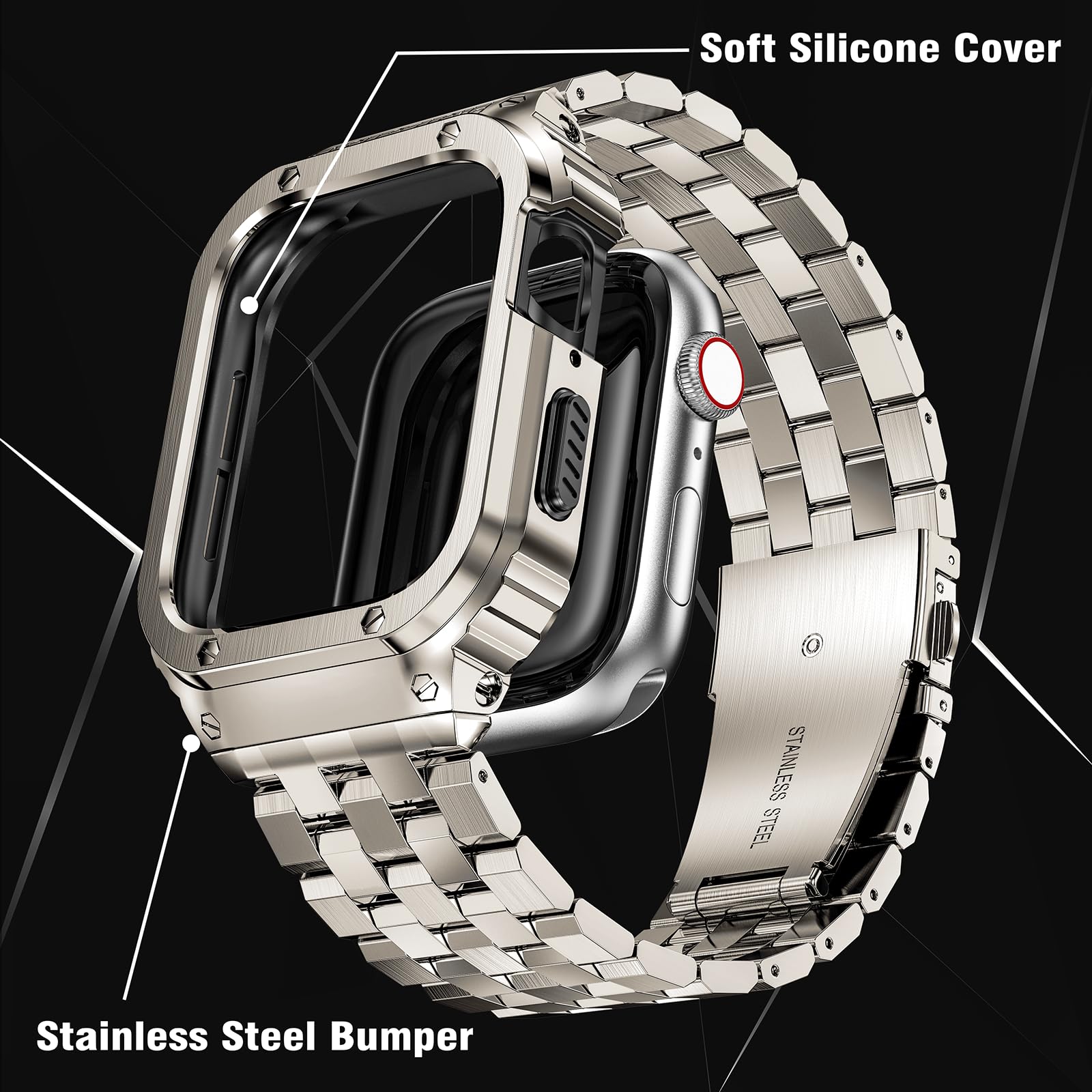 SUPLINK Bracelet en acier inoxydable pour Apple Watch Ultra 3/2/1 & SE 3/2/1 & Series 11 10 9 8 7 6 5 4 3 2 1, 49 mm, 46 mm, 45 mm, 44 mm, 42 mm, 41 mm, 40 mm, 38 mm, Rugged Bumper Case Band pour