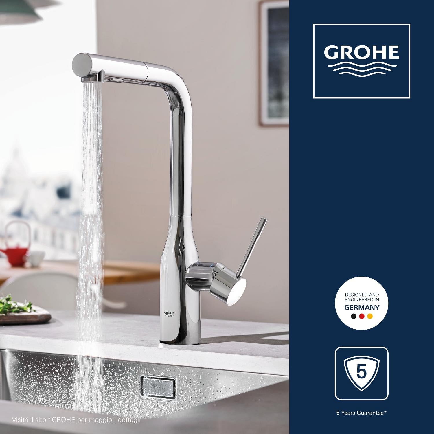 GROHE Essence Rubinetto Miscelatore Monocomando per Lavello New, bocca alta e girevole, cartuccia a dischi ceramici, Cromo 30270000