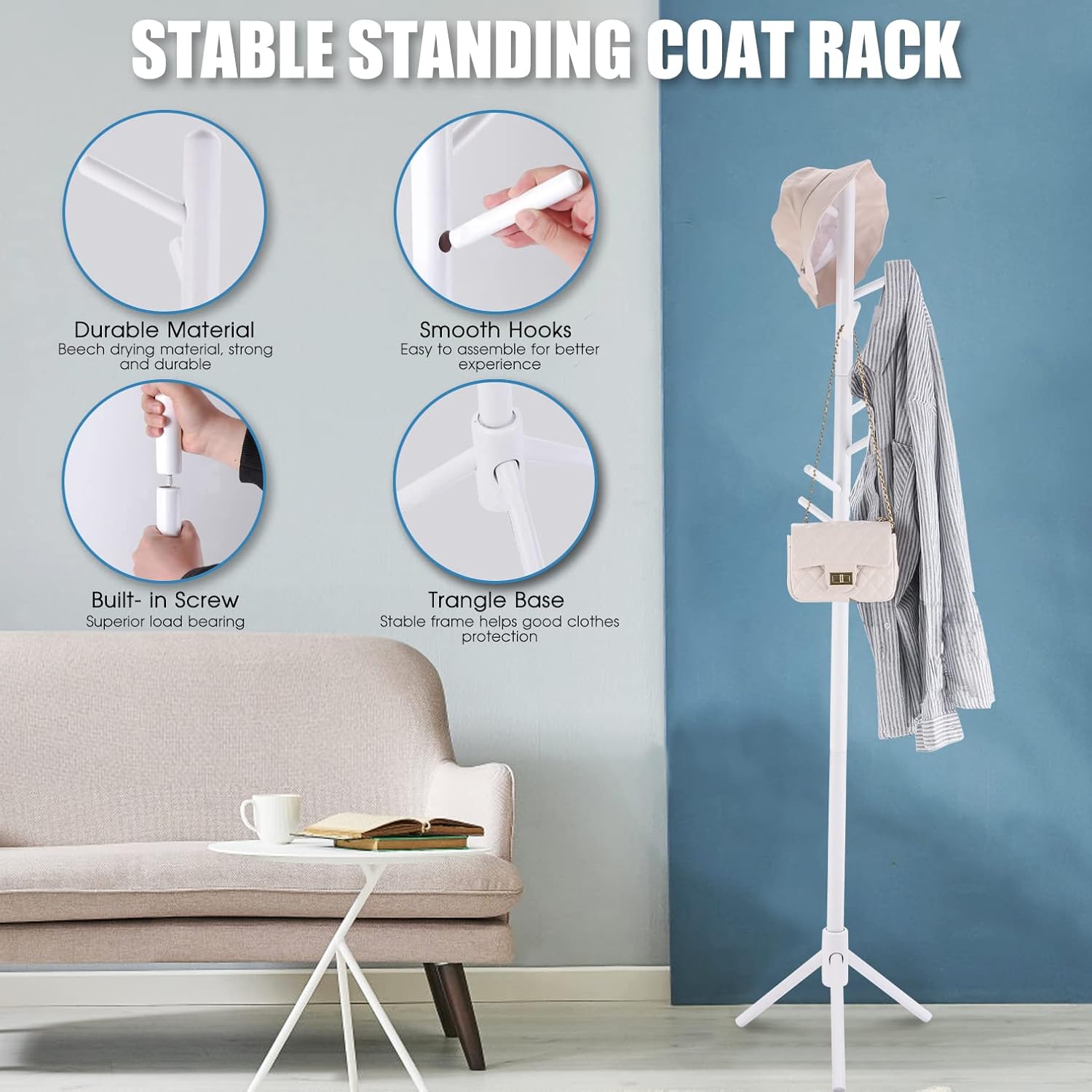 Wood Coat Rack Freestanding, Adjustable Hall Tree Coat Rack Stand with 3 Sections & 8 Hooks Easy to Assemble, Kids Coat Hanger Rack Entryway Corner Office Clothes Rack (White-Triangle)