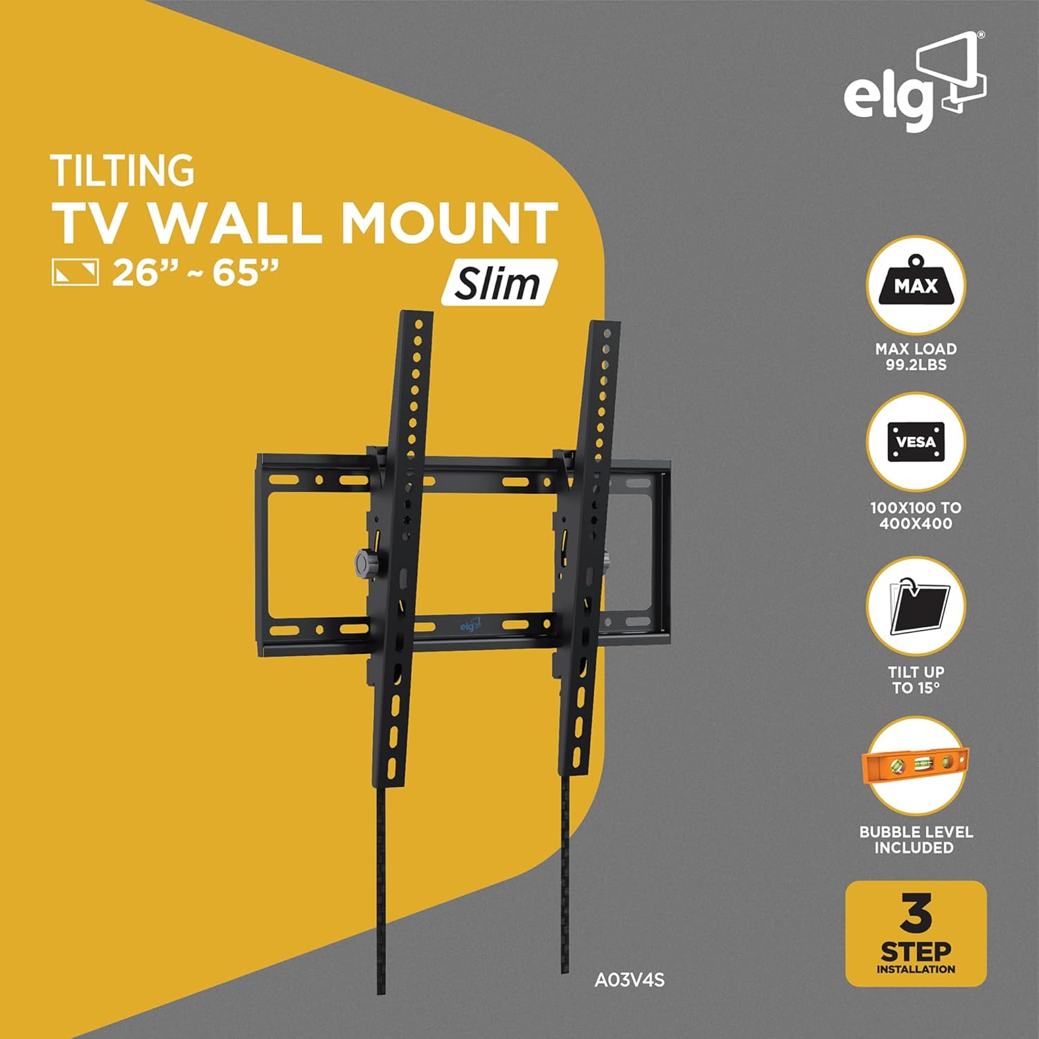 ELG Tilting TV Wall Mount for 26-65" Screens, Tilts ±15° with Slim Profile Design, Holds Max 99.2lbs, VESA 100x100mm to 400x400mm, Heavy-Duty Steel, Black