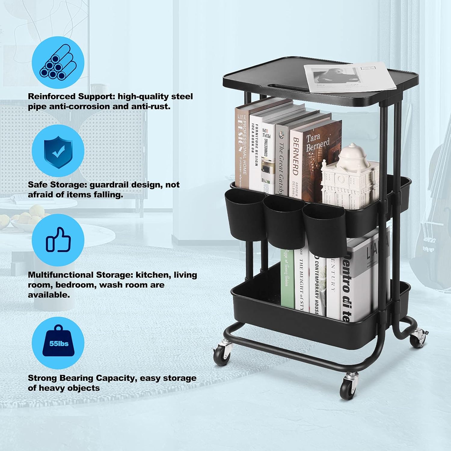 3 Tier Rolling Storage Cart with Practical Tabletop, Utility Rolling Cart with Control Handle,Trolley Organizer with Locking Wheels for Library Office Classroom Home Bedroom(Black) : Office Products