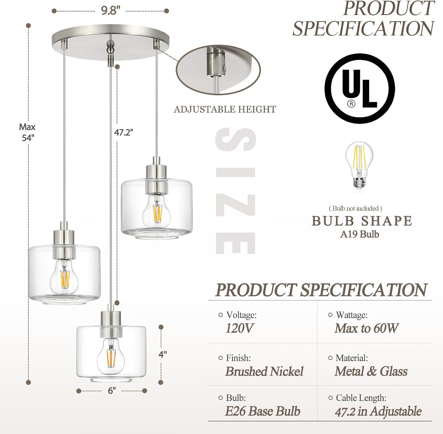 Brushed Nickel Dining Room Chandelier Light Fixture, 3-Light Pendant Lighting with Clear Glass, Modern Kitchen Island Cluster Hanging Pendant Lights for Kitchen Dining Room, OS-YQ8153-3BNC
