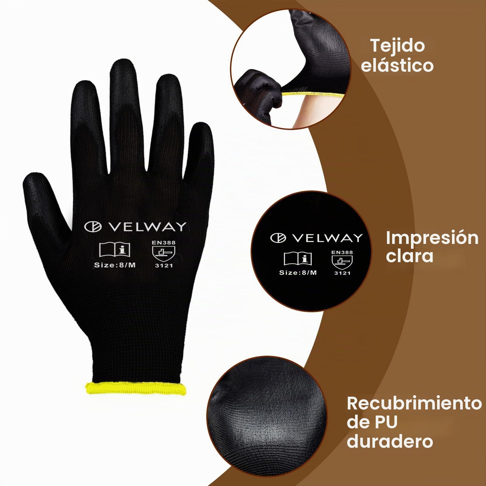Velway 12 Pares Guantes de Trabajo - Guantes de Protéccion para Hombre Talla 8 Alta Resistencia - Recubrimiento de Poliéster PU - Versátiles Protección Mecánica Industrial Jardinería Pintura - Negro