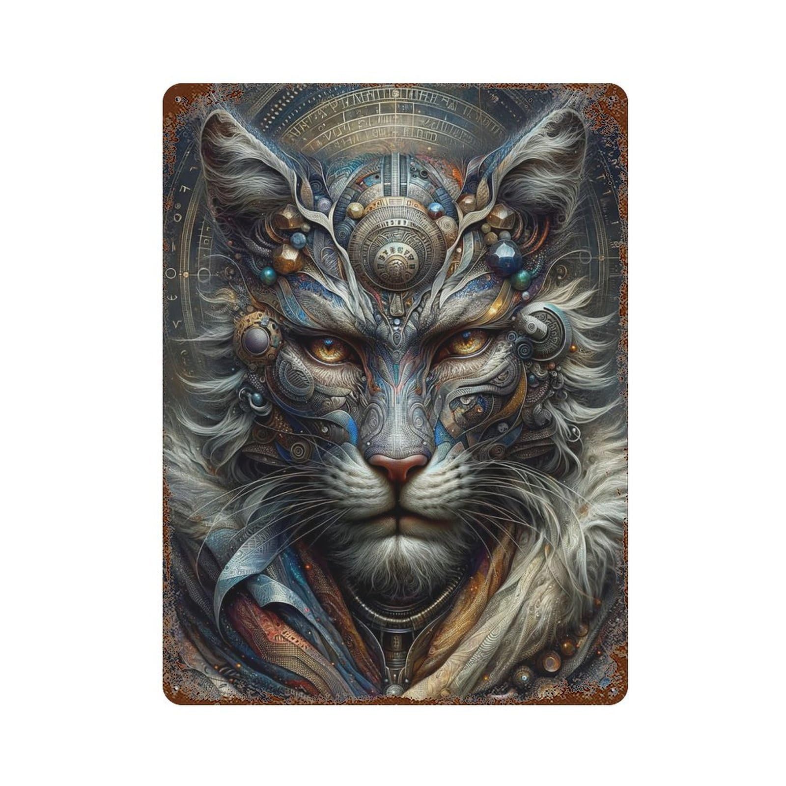 Steampunk Cat Art Print Distressed Metal Wall Sign 15.7"x11.8", Ideal for Cafe, Home Bar And Lounge Decor