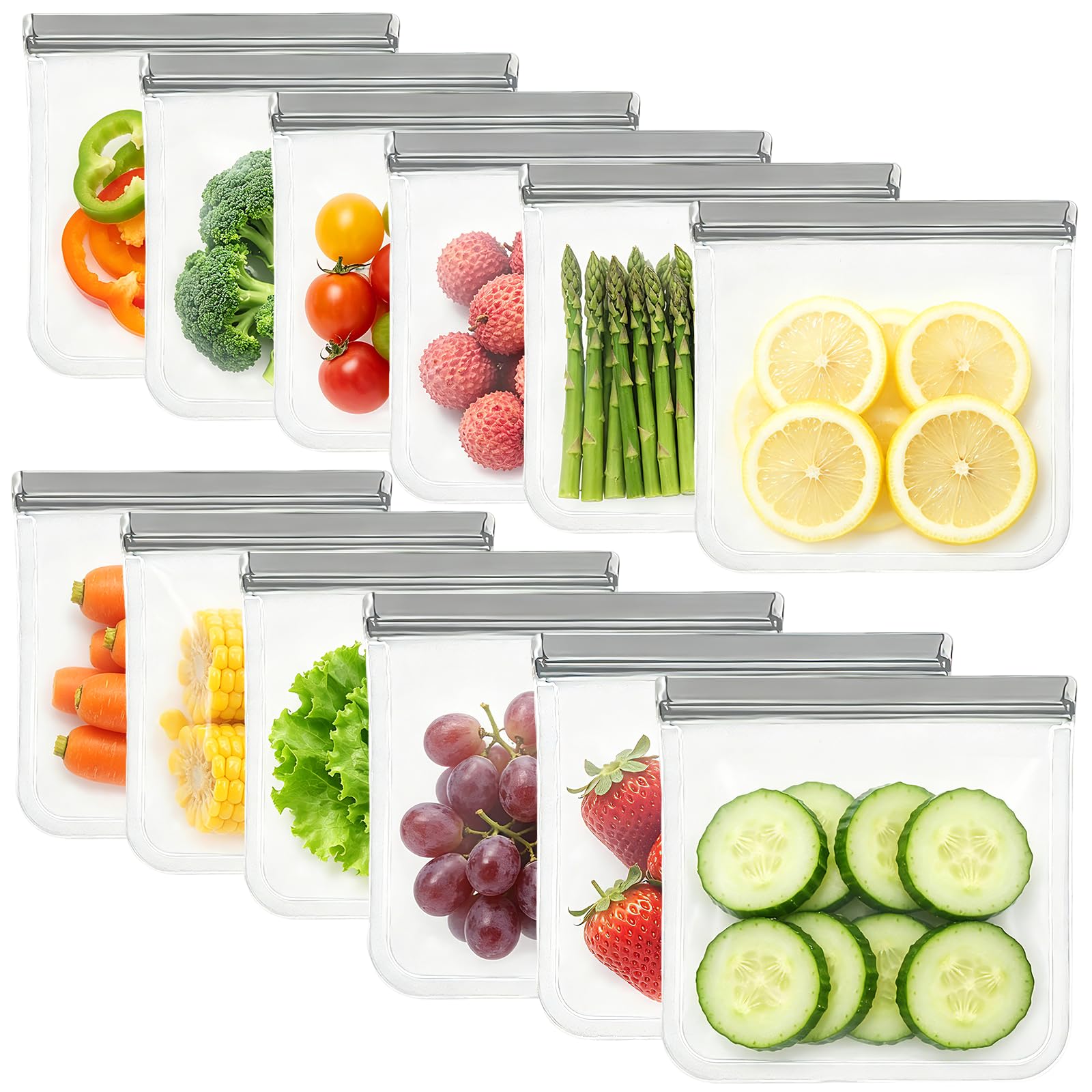 12Pack Reusable Freezer Bags Gallon Size, Silicone Lock Bags for Food Storage - Microwave &amp; Dishwasher Safe, Leakproof Reusable Plastic Bags Ideal for Meal Prep, Leftovers, Snacks