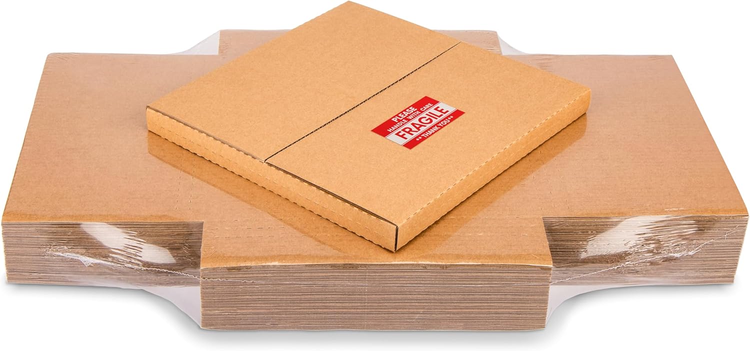 Kraft LP Mailers, 12.8x12.8x1 inch, Easy-Fold, Multi-Depth Vinyl Record Shipping Boxes with Fragile Stickers, 15 Pack