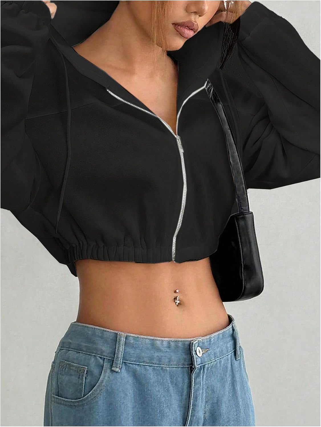 SOLY HUX Women's Cropped Zip Up Hoodie Y2k Drawstring Drop Shoulder Sweatshirts Streetwear