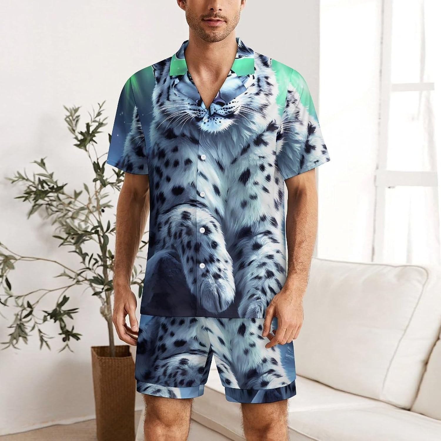 Snowy Leopard Rainbow Lights Men's Short Sleeve Pajama Set Satin Silk Like Lounge Sleepwear