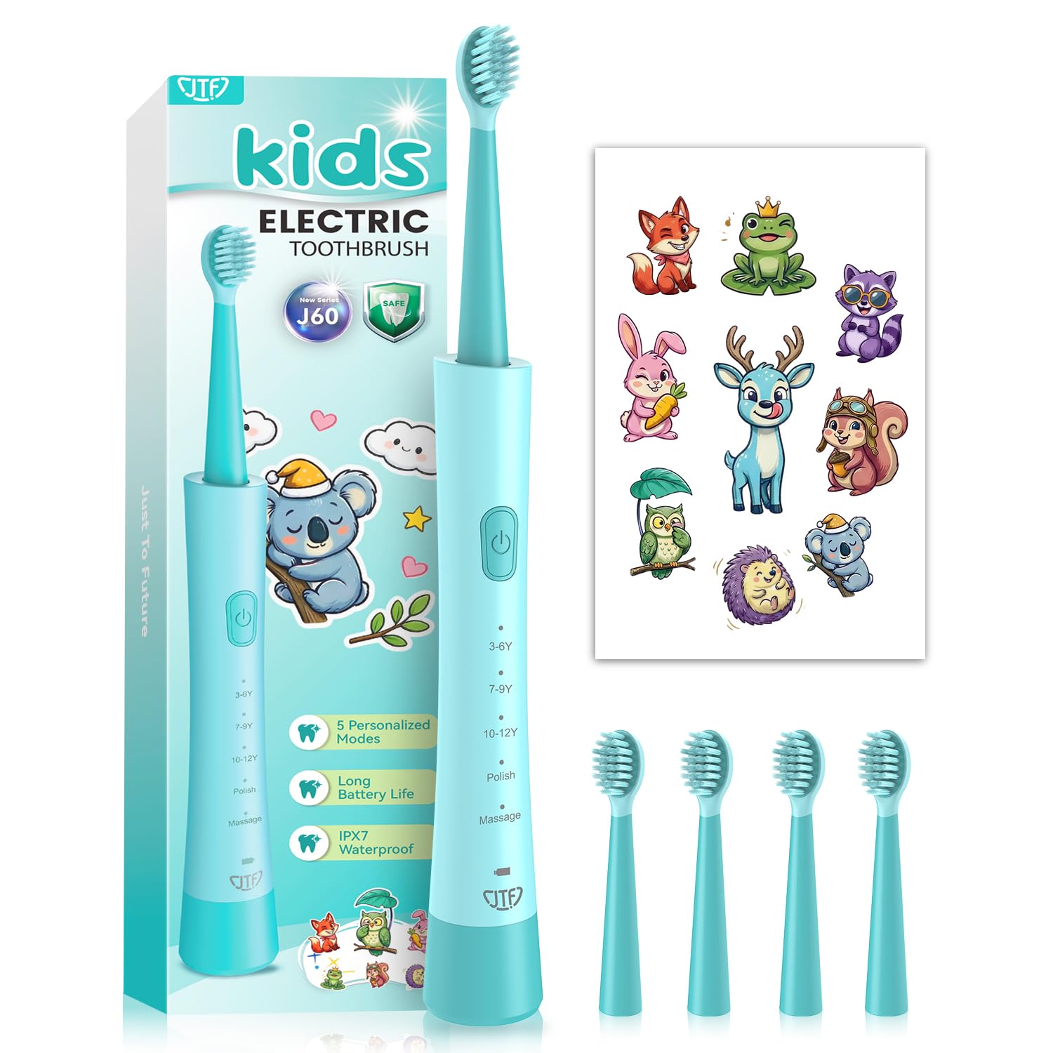 JTF Elektrische Zahnbürste Kinder ab 3 Jahre Schallzahnbürste mit 5 Putzmodi, 4 Bürstenköpfe, Intelligentem Timer, IPX7 Wasserdicht & DIY-Aufkleber Kinderzahnbürste