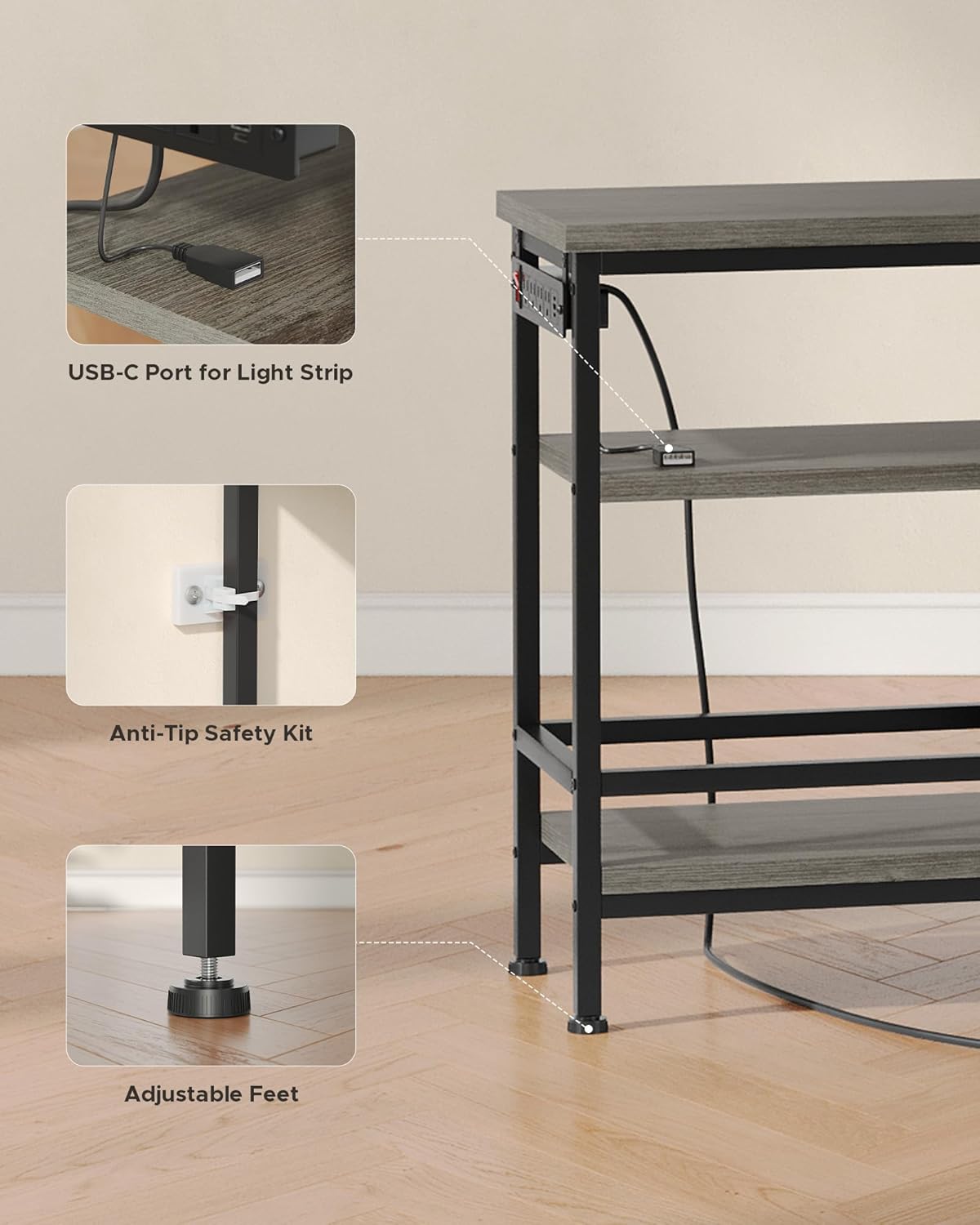 55 Inch TV Stand, Entertainment Center for 43 to 65 Inch TVs with LED Lights & Removable Charging Station, Modern Media Console Table with Open Storage Shelves & Fabric Drawers, Grey