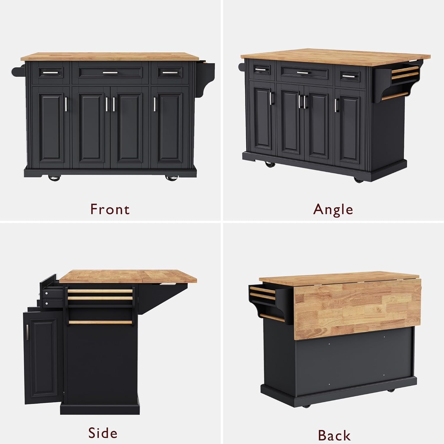 Large Kitchen Island with Rubber Wood Drop Leaf, Rolling Kitchen Cart with Ample Storage on Wheels with Doors and Drawers, Embossed Texture for Dining Room (54Inch, Black, Silver Handle)