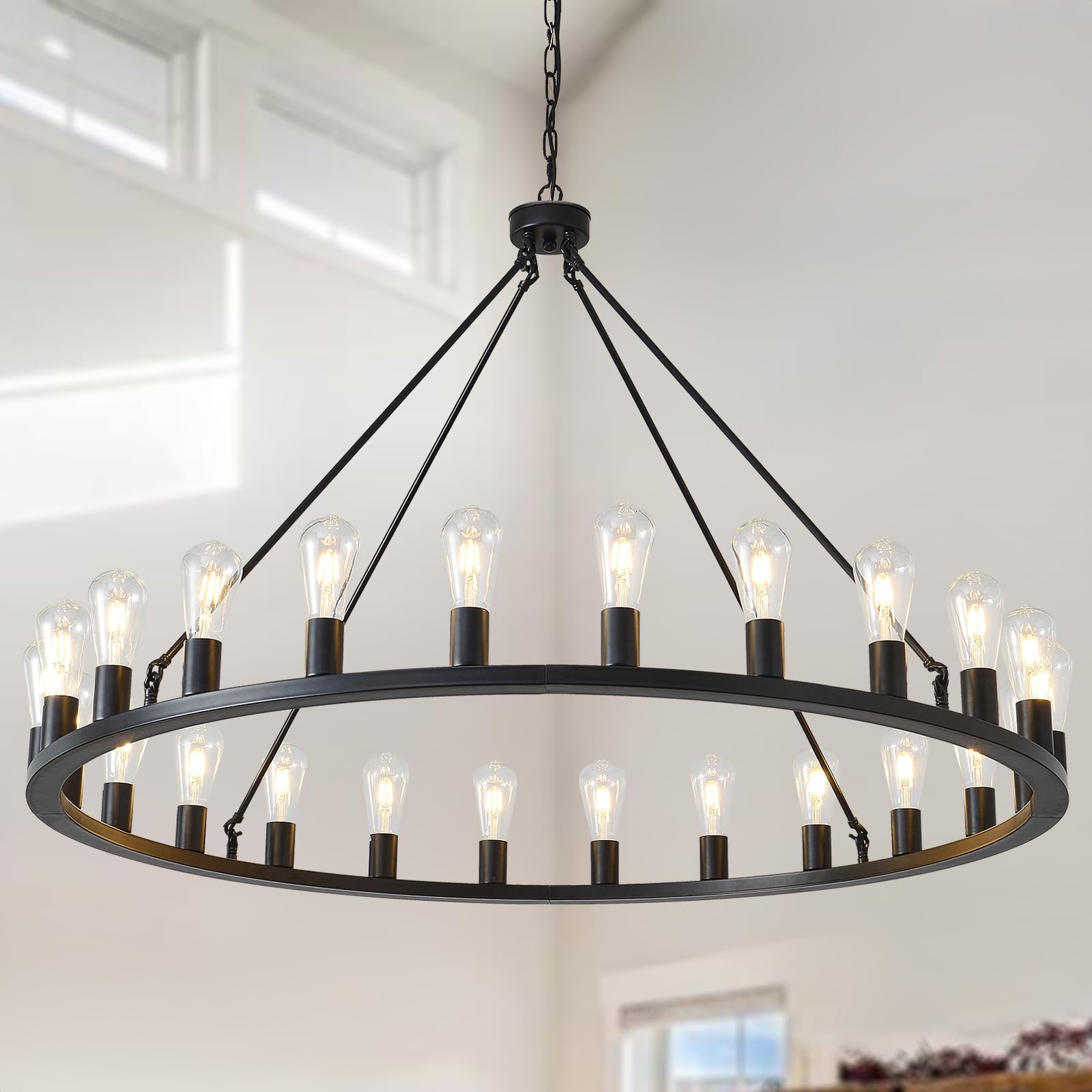 HHR Wagon Wheel Chandelier 24-Light 48 Inch, Extra Large Black Chandeliers, Round Rustic Farmhouse Outdoor Chandelier for High Ceilings, Dining Room,