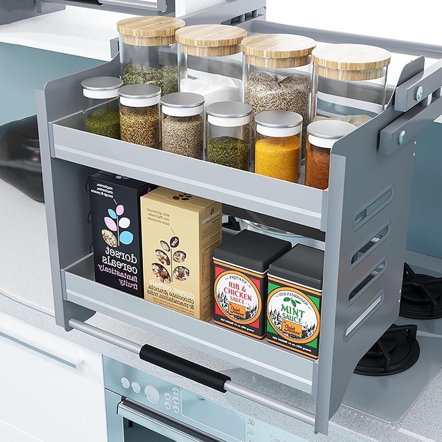 Heavy-Duty Sliding Lower Shelf Convenient Lift Upper Cabinet Pull-Down Shelf Bracket Metal Pull-Down Shelf Organiser for Spices(22.2)