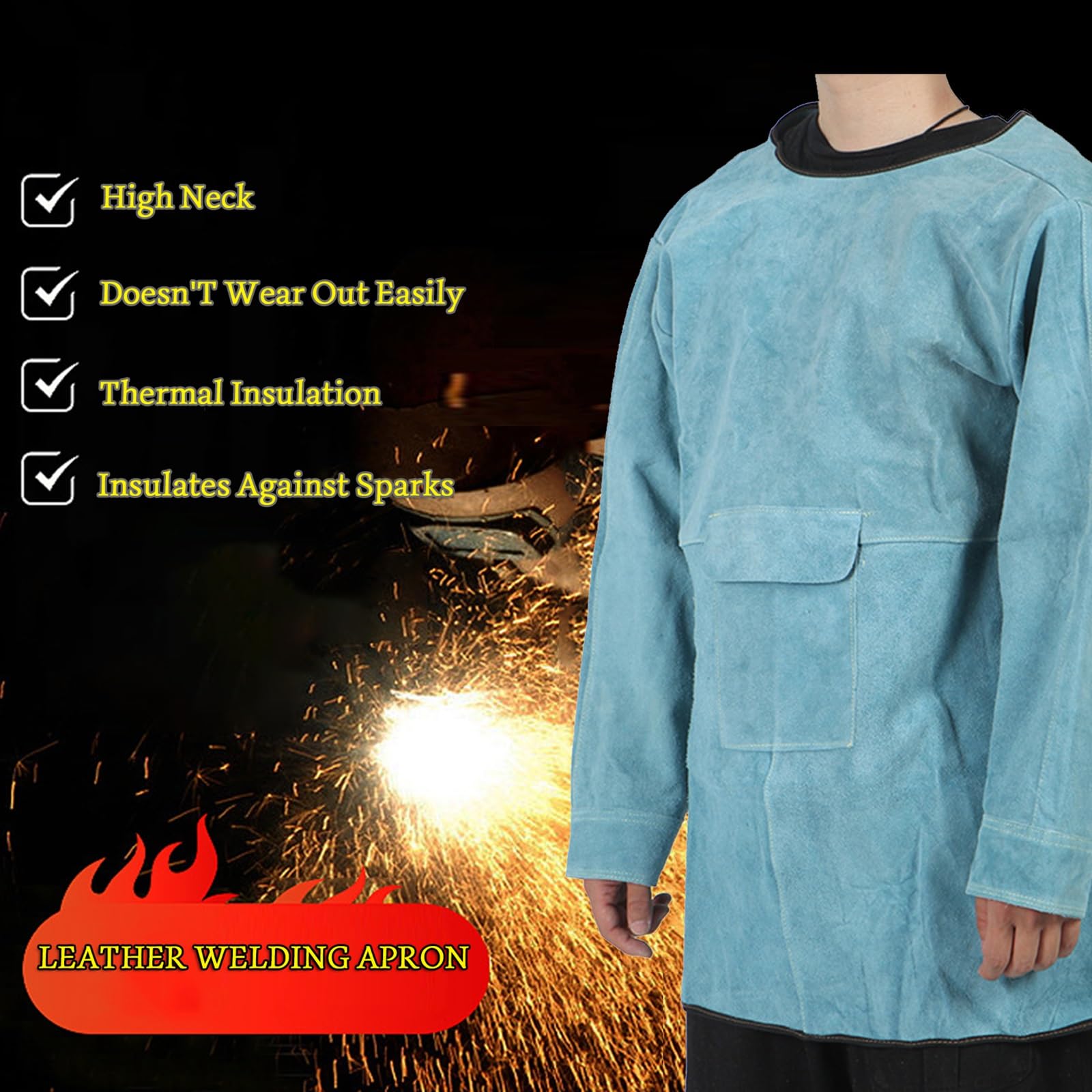 Delantal de Cuero para soldar con Manga Larga, Resistente al Fuego, para Trabajos Pesados, de Seguridad para herreros, Color Azul.