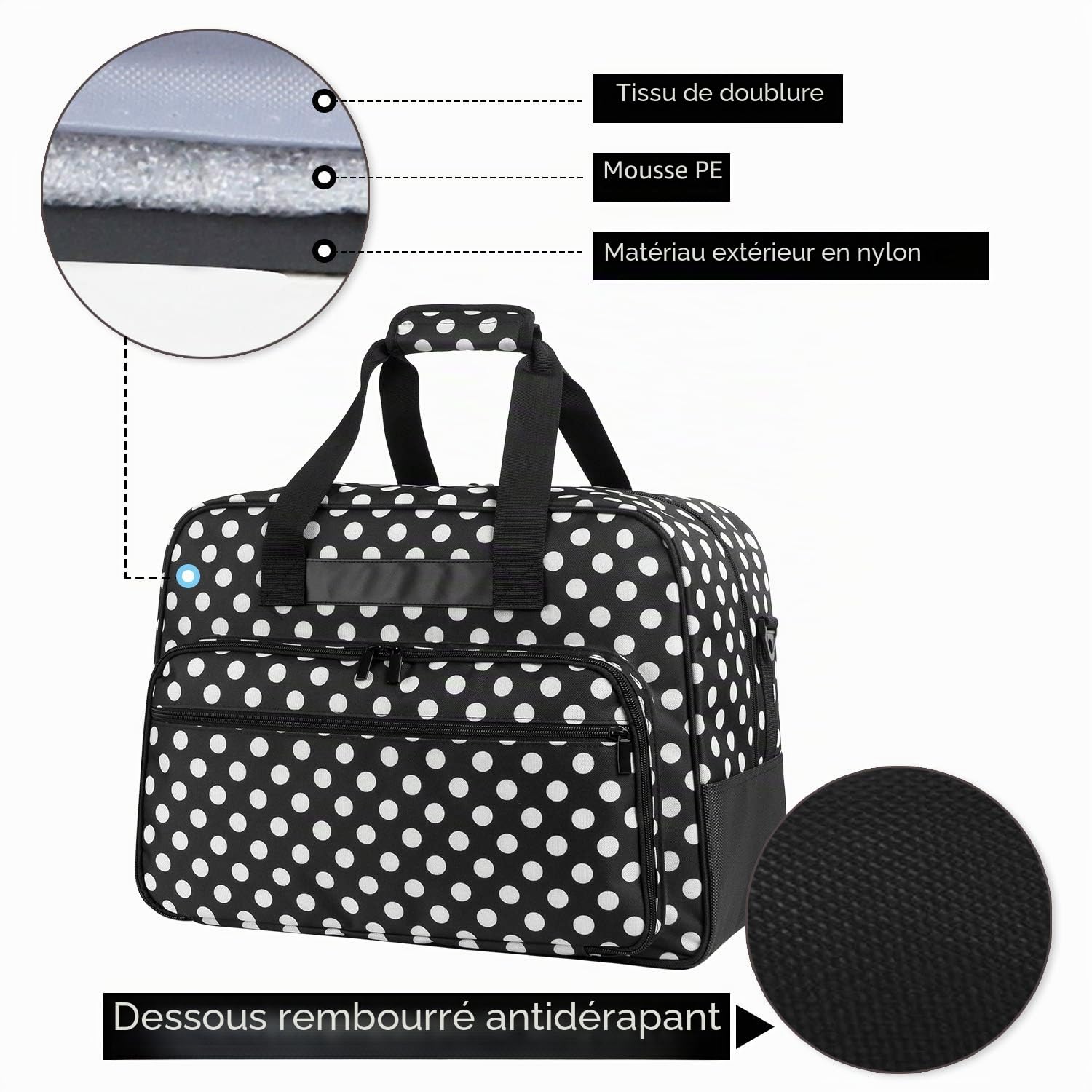 Yarwo Sac pour Surjeteuses, Sac de Transport pour Surjeteuses, Convient à la Plupart Majeur Surjeteuses, avec Fond antidérapant et rembourré épais Interne, Points Noirs | Plusieurs poches, rembourrage épais, bretelles ajustables, sangle bagage, convient à