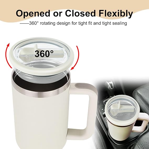 2pcs Leakproof Lid with Straw for Stanley Replacement,No-Spill Cup Lids for Stanley Quencher,Tumbler Flip Straw Lid for Stanley Accessories (Cream, 40oz)