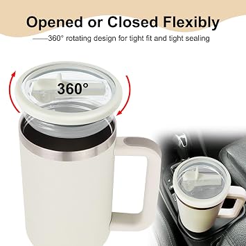 2pcs Leakproof Lid with Straw for Stanley Replacement,No-Spill Cup Lids for Stanley Quencher,Tumbler Flip Straw Lid for Stanley Accessories (Cream, 40oz)