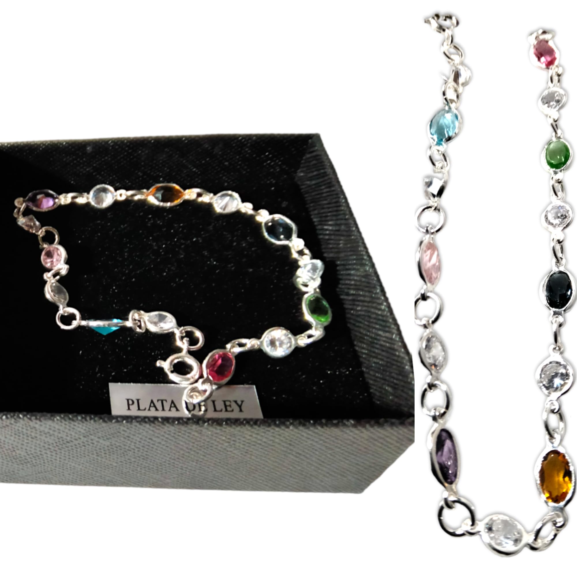 WORLD GOBLINSPulsera Mujer Plata de Ley 925 Piedras Naturales Colores Oval 8x5mm. Hecha a Mano en España, Joyería Regalos para Mujer. Clásica y Elegante (Colores 8x5mm Ovales)