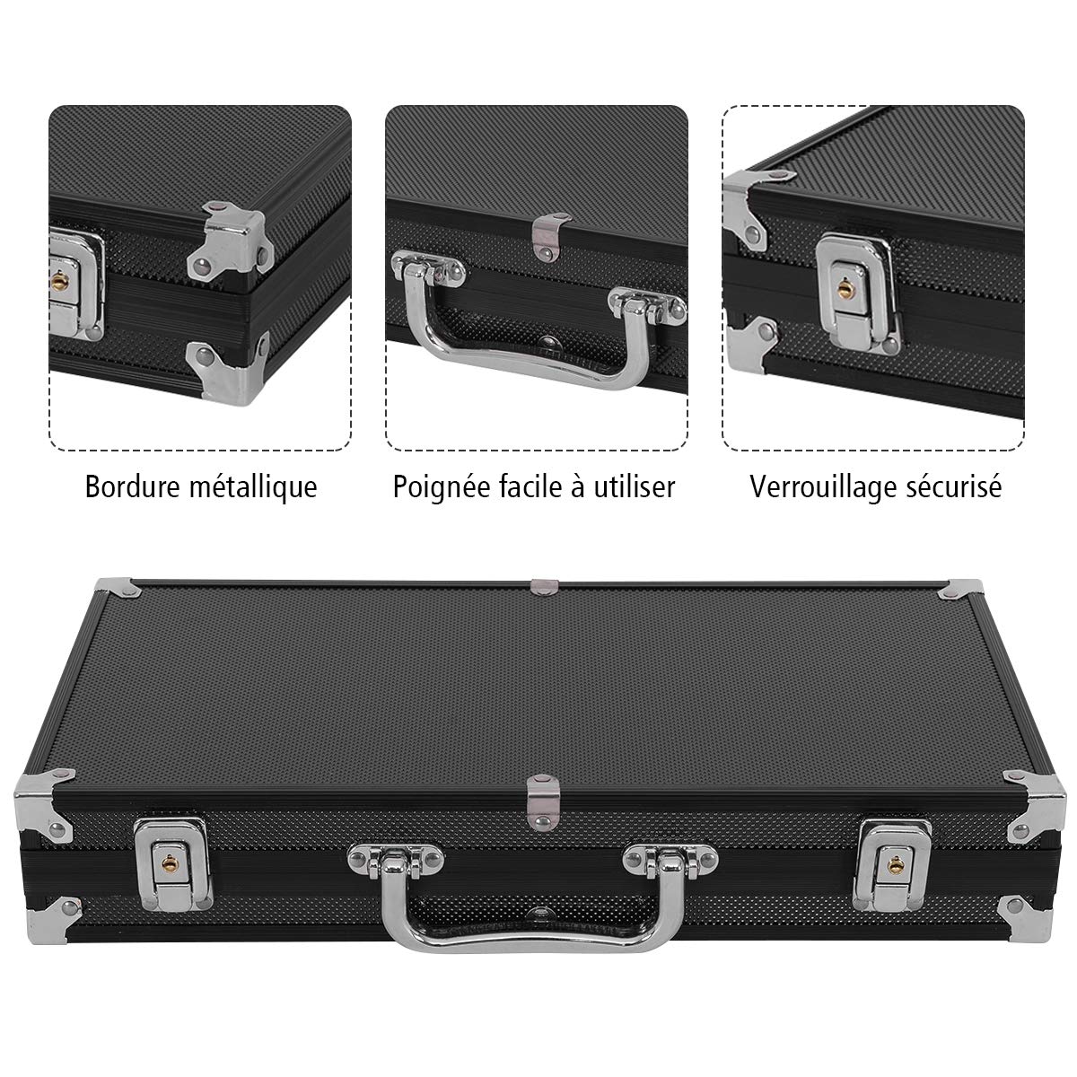 DREAMADE Mallette de Poker Verrouillable avec 300 Jetons avec Autocollant Laser, Bouton de Donneur, 2 Jeux de Cartes, 5 Dés et Mallette de Poker en Aluminium (Noir)