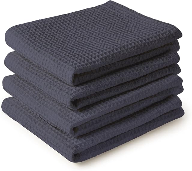 Encasa Kitchen Dish Tea Towel Waffle Weave X-Large 70 x 45 cm (4pc set), Highly Absorbent for Cleaning & Quick Drying of Plates & Glasses, Eco-Friendly Cotton - Grey