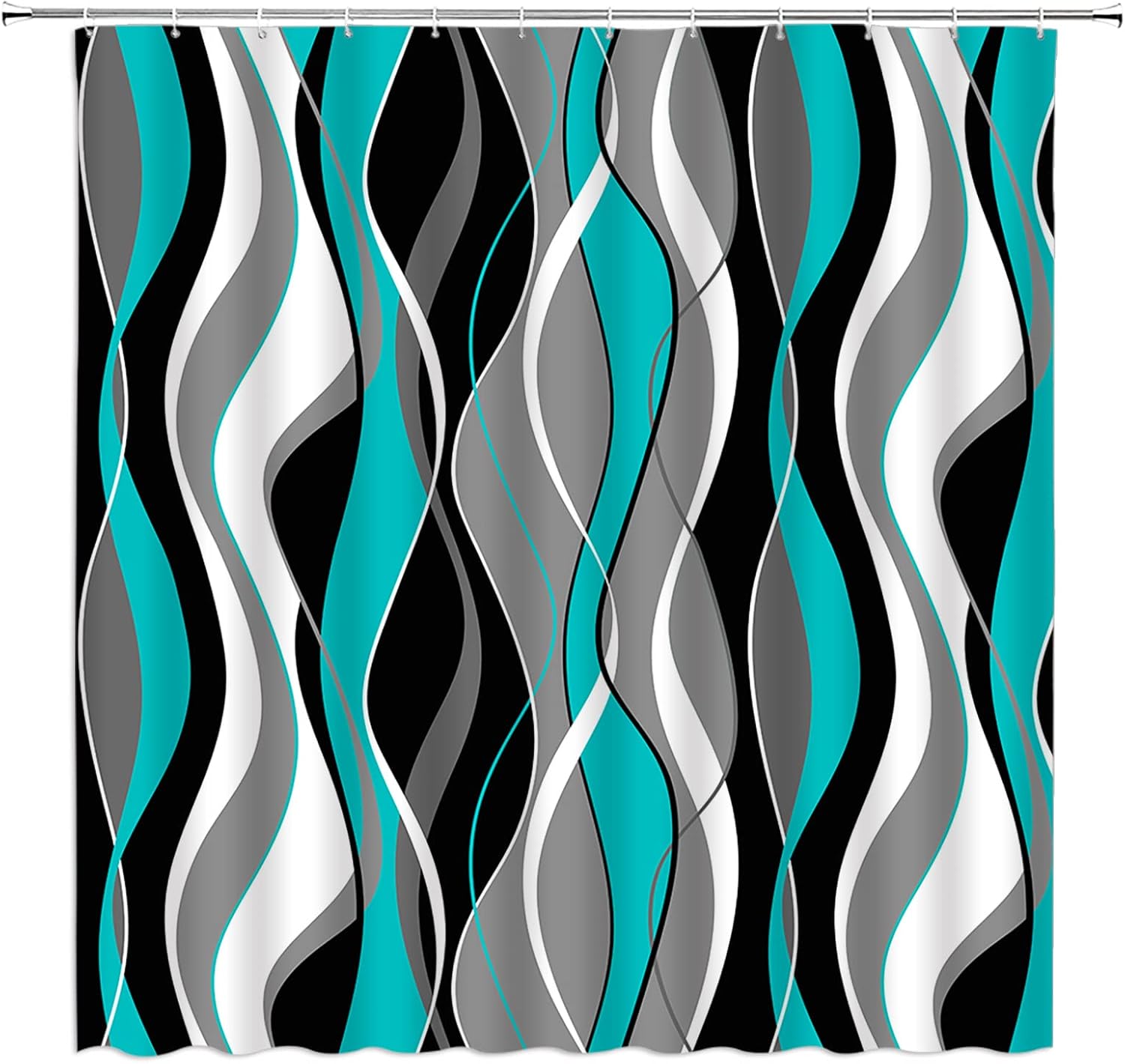 KTGHA Teal Shower Curtain Abstract Modern Black Gray White