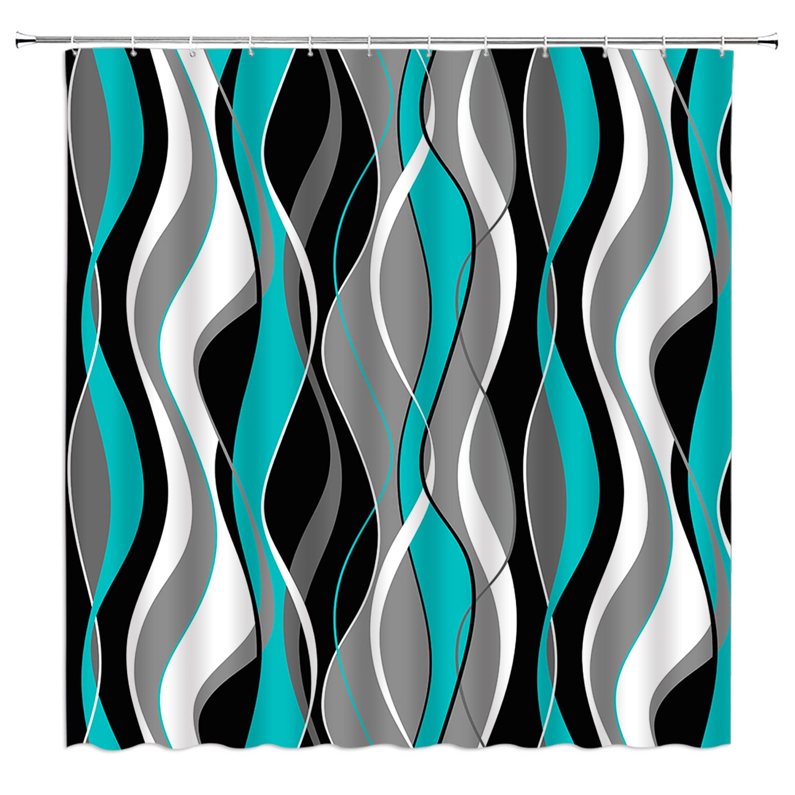 KTGHA Teal Shower Curtain Abstract Modern Black Gray White Geometric Striped Lines Aesthetic Fabric Bathroom Decor with Hooks（70" Wx74.8 H）