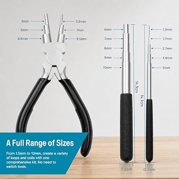 Wire Wrapping Tool Set, 3PCS Jewellery Making Supplies with 2PCS Mandrels (1.5-10mm) & 6-in-1 Wire Looping Pliers, Ring Bender & Jump Ring Forming Tool Kit for DIY Jewelry, Crafting