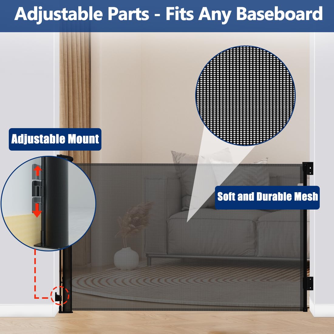 137 Inch Extra Wide Retractable Baby Gates 35" Tall Extra Long Dog Gate Large Pet Gate Wide Opening Indoor Mesh Child Safety Gates for Dogs, Stairs, Doorways, Hallways, Outdoor (Black)