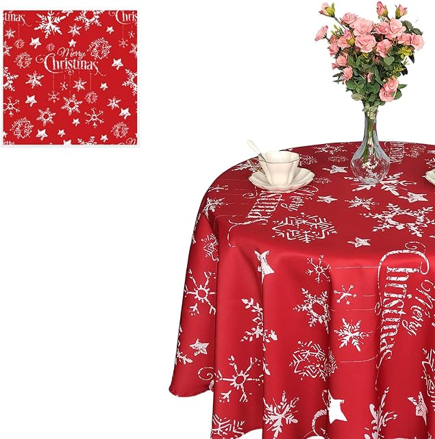 WedDecor Christmas Table Cloth Round Polyester Tablecloth with Snowflakes Print Red Table Cloth Cover for Christmas, Buffet Table, Party, Holiday Dinner (70" - Red & White)