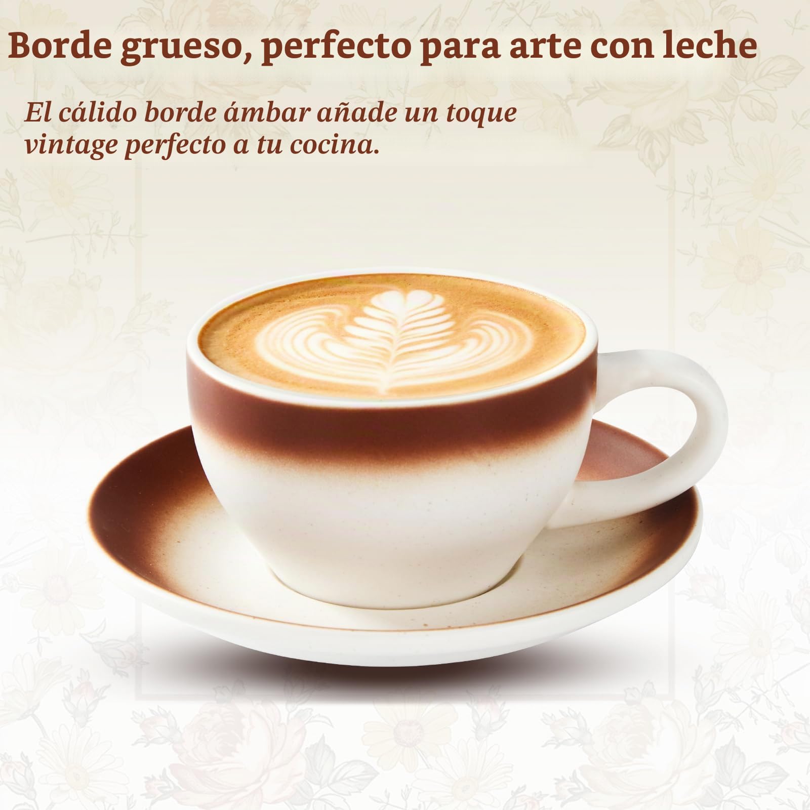 DUJUST Juego de 4 Tazas de Cafe (260ml) para Cappuccino, Latte y Espresso - Tazas de Cerámica con Platillos, Cucharas y Soporte Metálico, Marrón Degradado