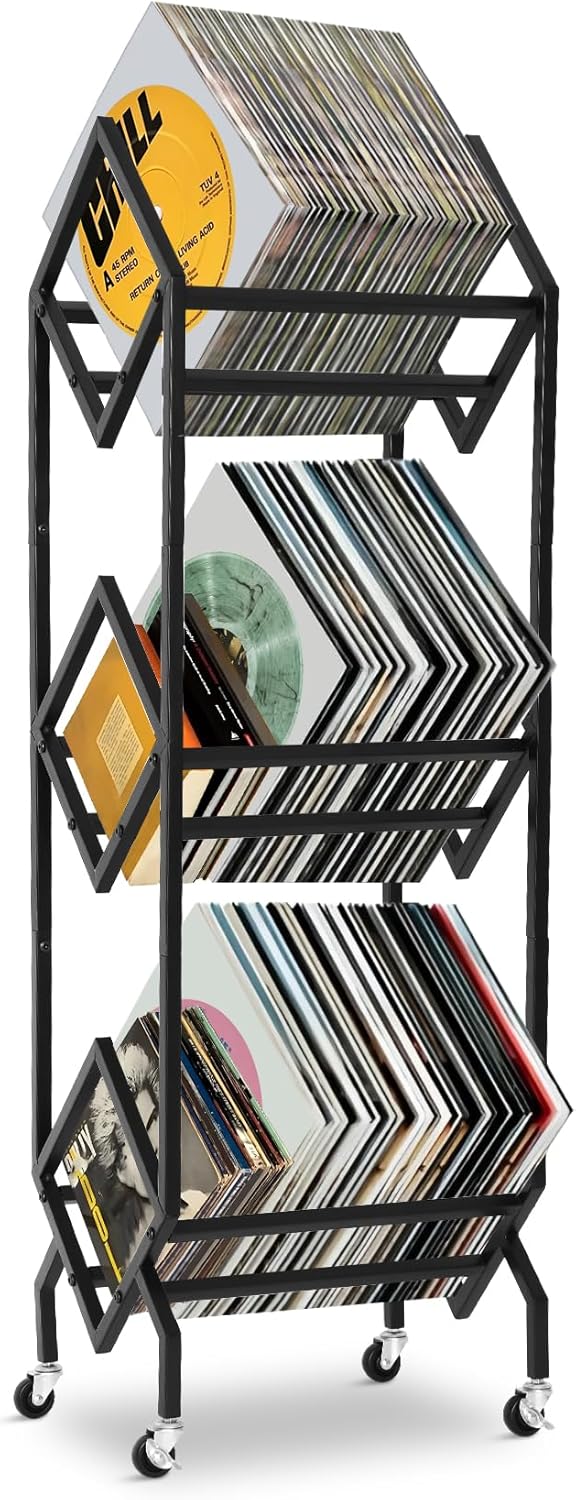 Mobile Vinyl Record Storage Rack with Wheels, 3-Tier Matte Black Book Cart & LP Display Stand, Multi-Purpose Organizer for Albums, Books, Magazines, Files