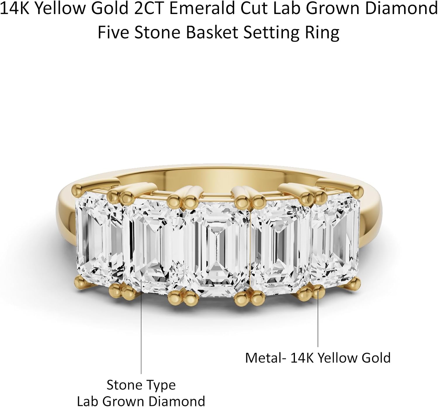 Diamond2Deal 14k Yellow or White Gold Lab Grown Diamond 5-Stone Wedding Anniversary Band Ring (D-E Color, VS Clarity) (1/2 Ct to 3 Ct)