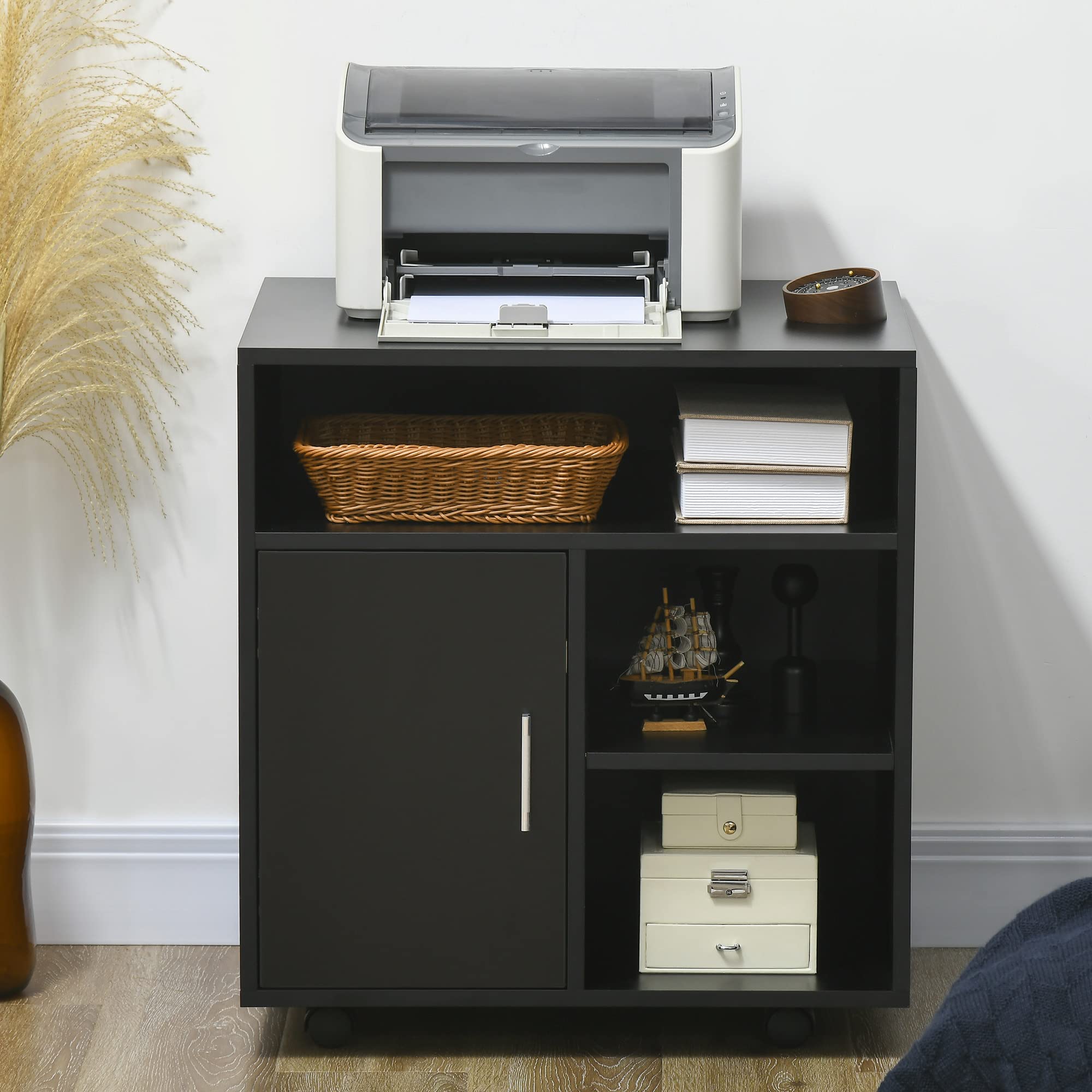 HOMCOM Mobile Porta Stampante con Ruote a Freno, Mobiletto per Stampante con Armadietto Anta Soft Close, 3 Scomparti Aperti, Ripiano Regolabile, Multiuso per Ufficio Studio, 60x50x65.5 cm, Nero