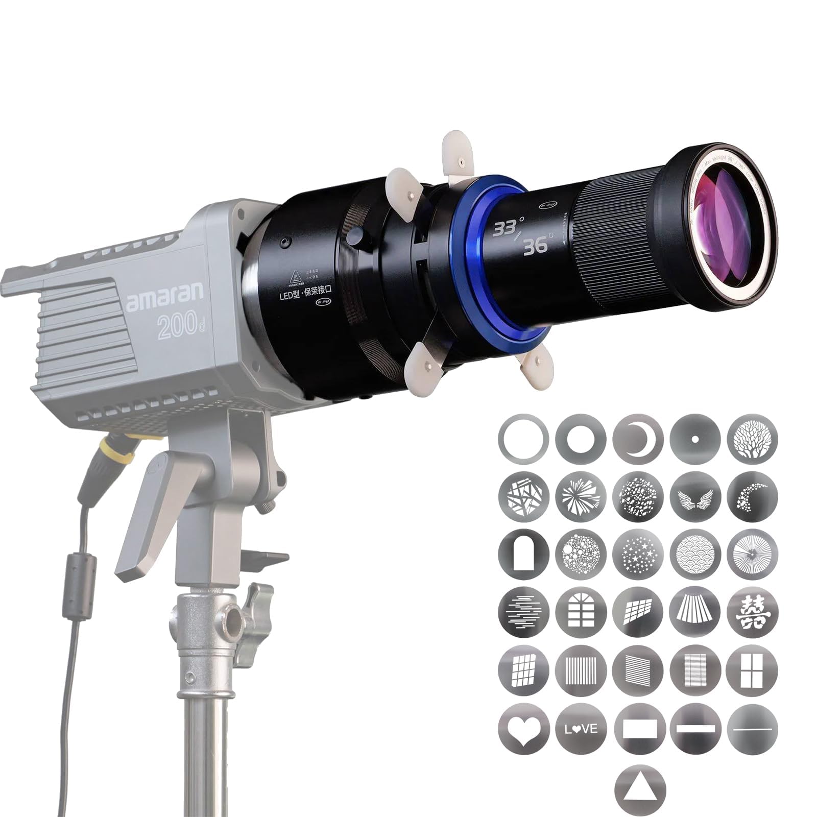 Bowens Mount Spotlight Gobo Projector Attachment -Studio Optical Snoot for Monolight Portraits, Compatible with Aputure Amaran 60D/XS/100X/D200D/X, Godox SL60etc, Includes 5 Color Filter and 31 Gobos.