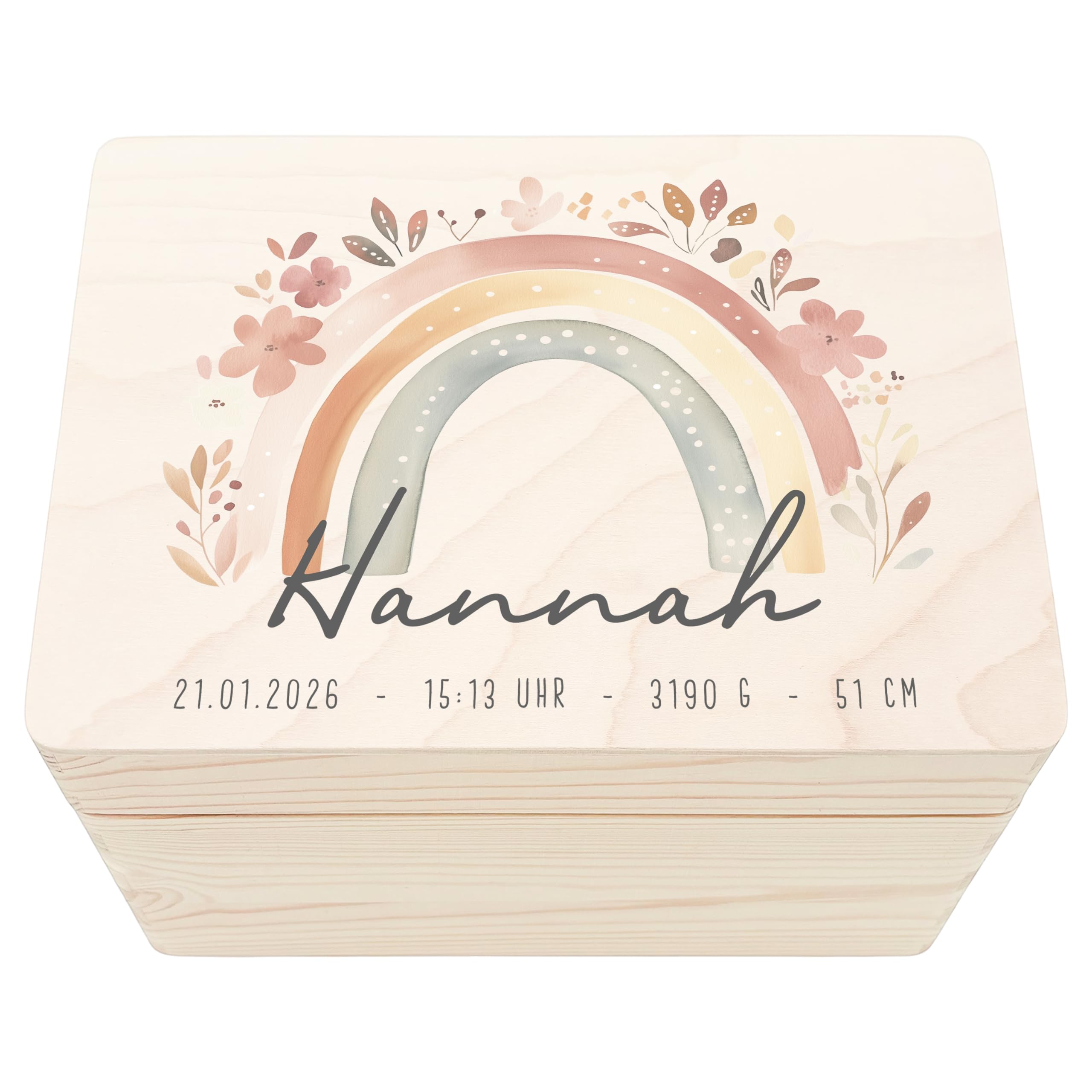 DEL MÀ Unique & Personal Erinnerungskiste Baby Mädchen personalisierte Holzkiste Erinnerungsbox Regenbogen Geschenk zur Geburt Geburtsgeschenk Holzbox 30x20x13 cm