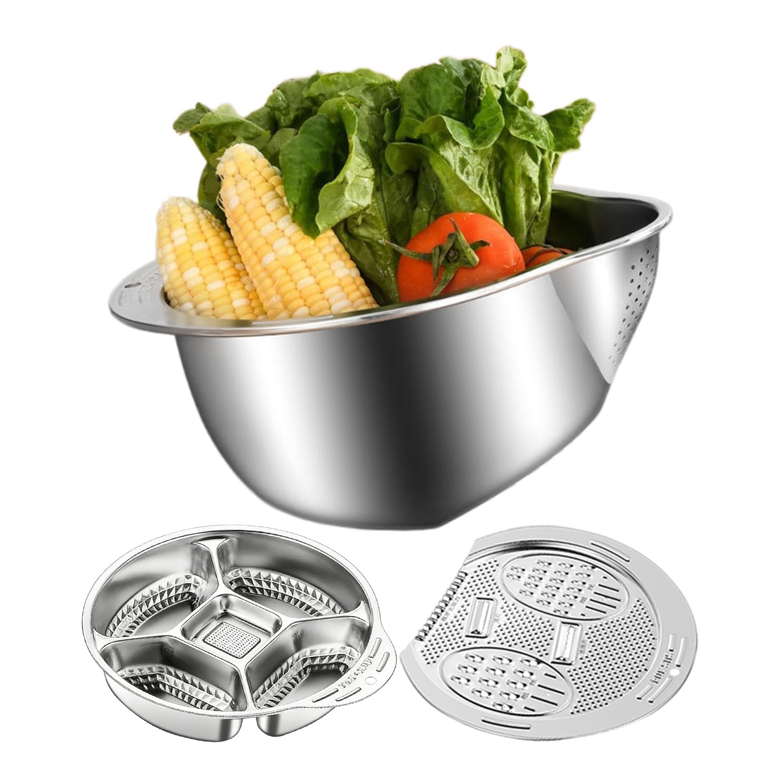 Cuenco Colador para Lavar Arroz Set de Colador de Fondo Inclinado | con Escurridor Lateral y Fondo Inclinado para Remojar Arroz para Cocina Restaurante Verduras Frutas Jengibre Cebolleta