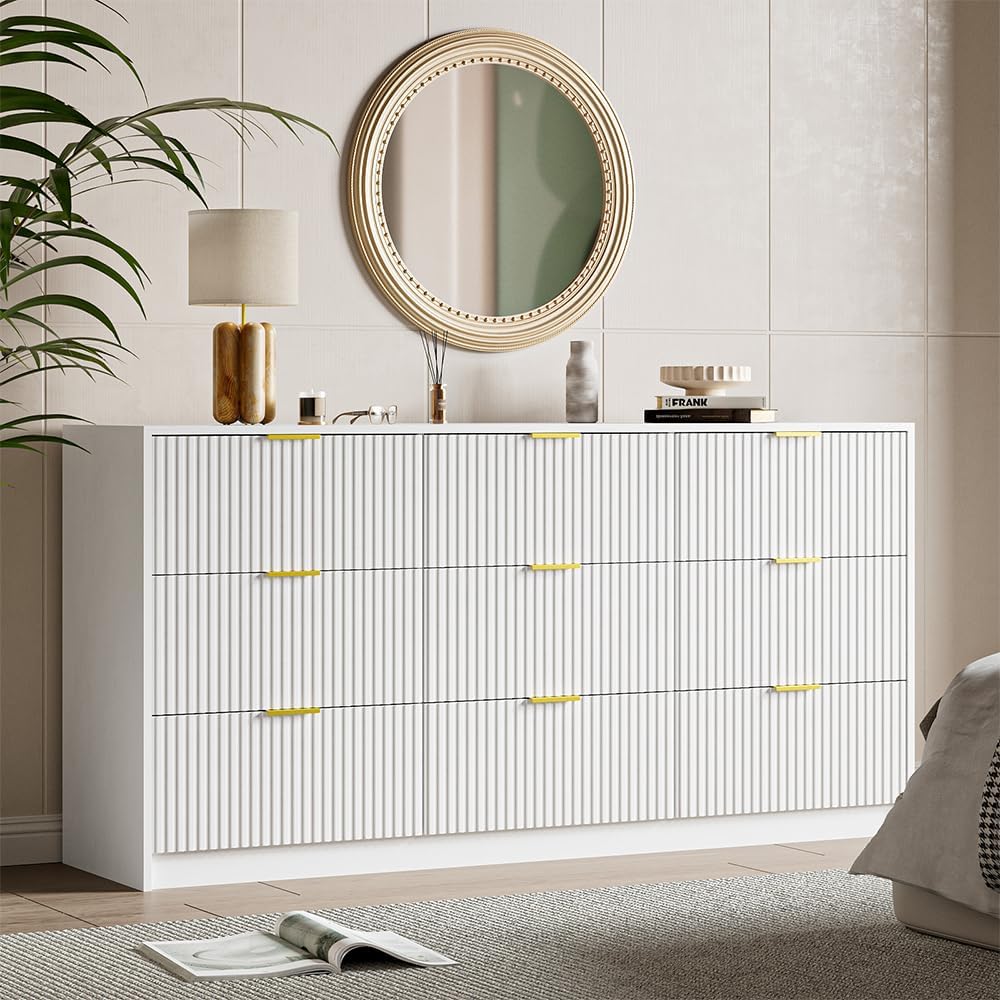 White Dresser for Bedroom, 9 Drawer Double Dresser, Modern Chest of Drawers for Bedroom, Living Room, Entryway and Closet, 63" L x 15.7" D x 31.5" H White 15.7"D x 63"W x 31.5"H (9 Drawers)