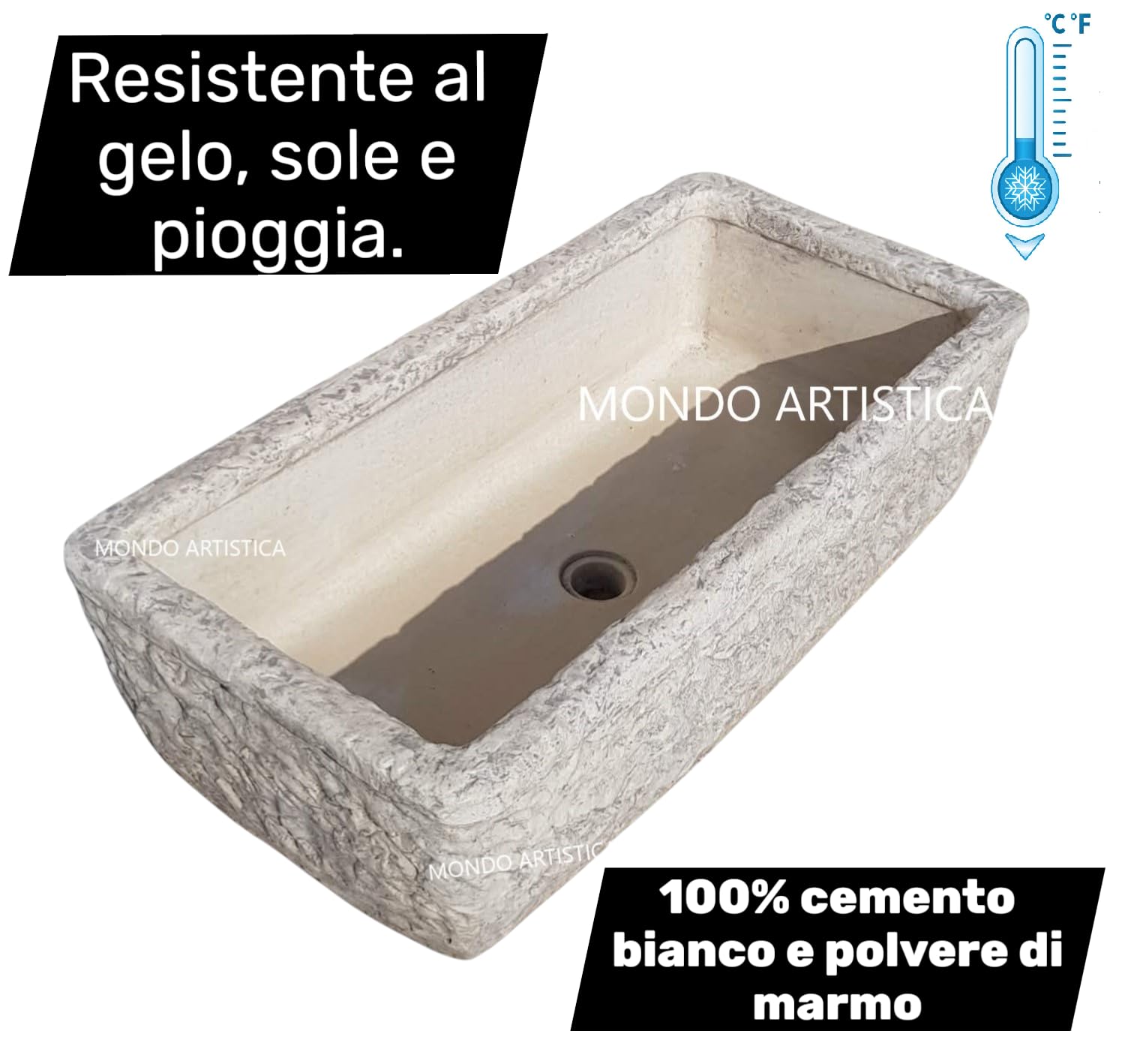 Lavandino, Lavabo, Pilozzo, Vasca Unica, Fontana Da Esterno, Per Giardino Altezza 22 cm, Larghezza 80x40 Cm, In Cemento Bianco E Polvere Di Marmo, Colore Sfumato Grigio