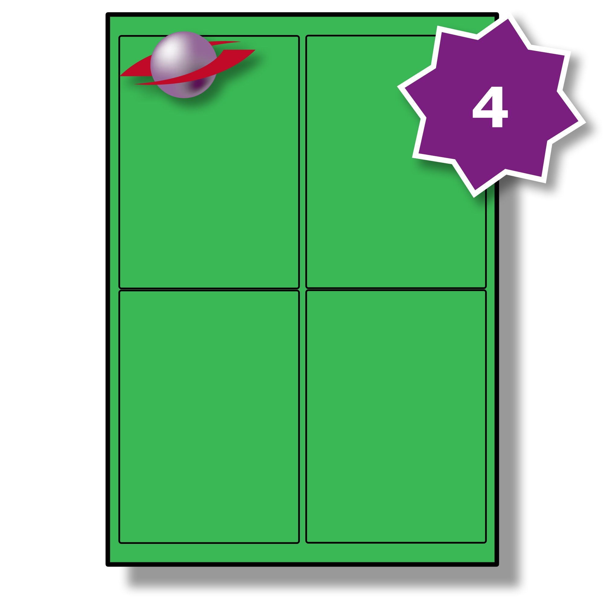 Label Planet® 4 Per Sheet, 25 Sheets (100 Green Labels). Coloured Paper Labels Rounded Corners, 99.1 x 139mm, LP4/99 C. — image 1
