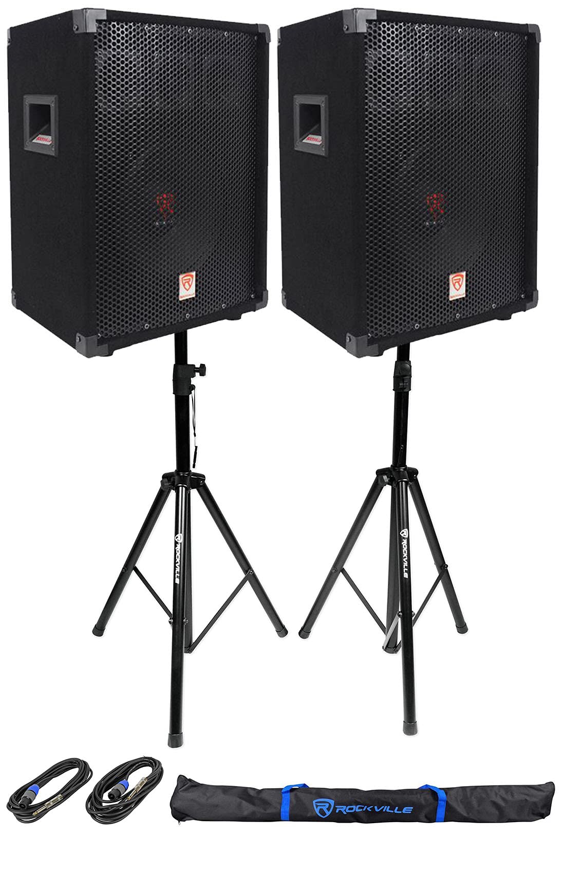 (2) Rockville RSG10 10 400 Watt 2Way 8-Ohm Passive DJ PA Speaker +Stands +Cables