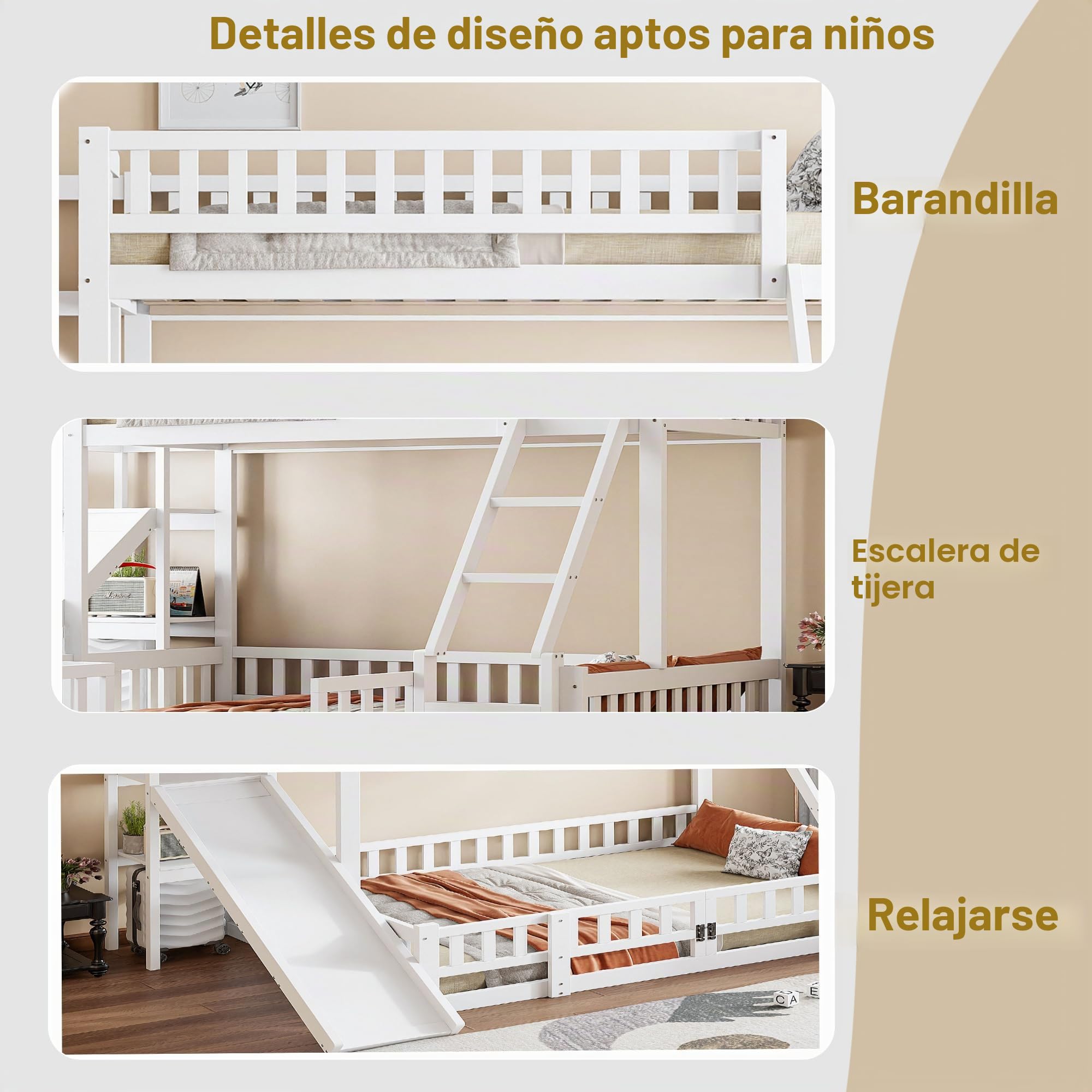 Lubvtti Litera Infantil 90/140 x 200 cm con tobogán,Cama Infantil con estantes y guías de Seguridad,Estructura Cama para niños 90/140x200 con somier de láminas,sin colchón,Blanco
