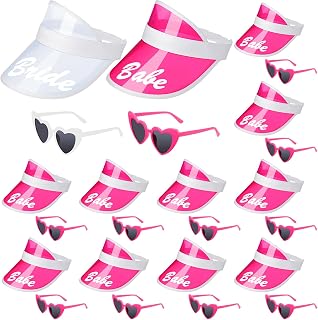 24 Pcs Heart Shaped Sunglasses and Bachelorette Hats Set Bride Sunglasses Bride Sun Hat Bride Visors for Women Bridal Wedding Summer Party Gifts Favors, White and Rose