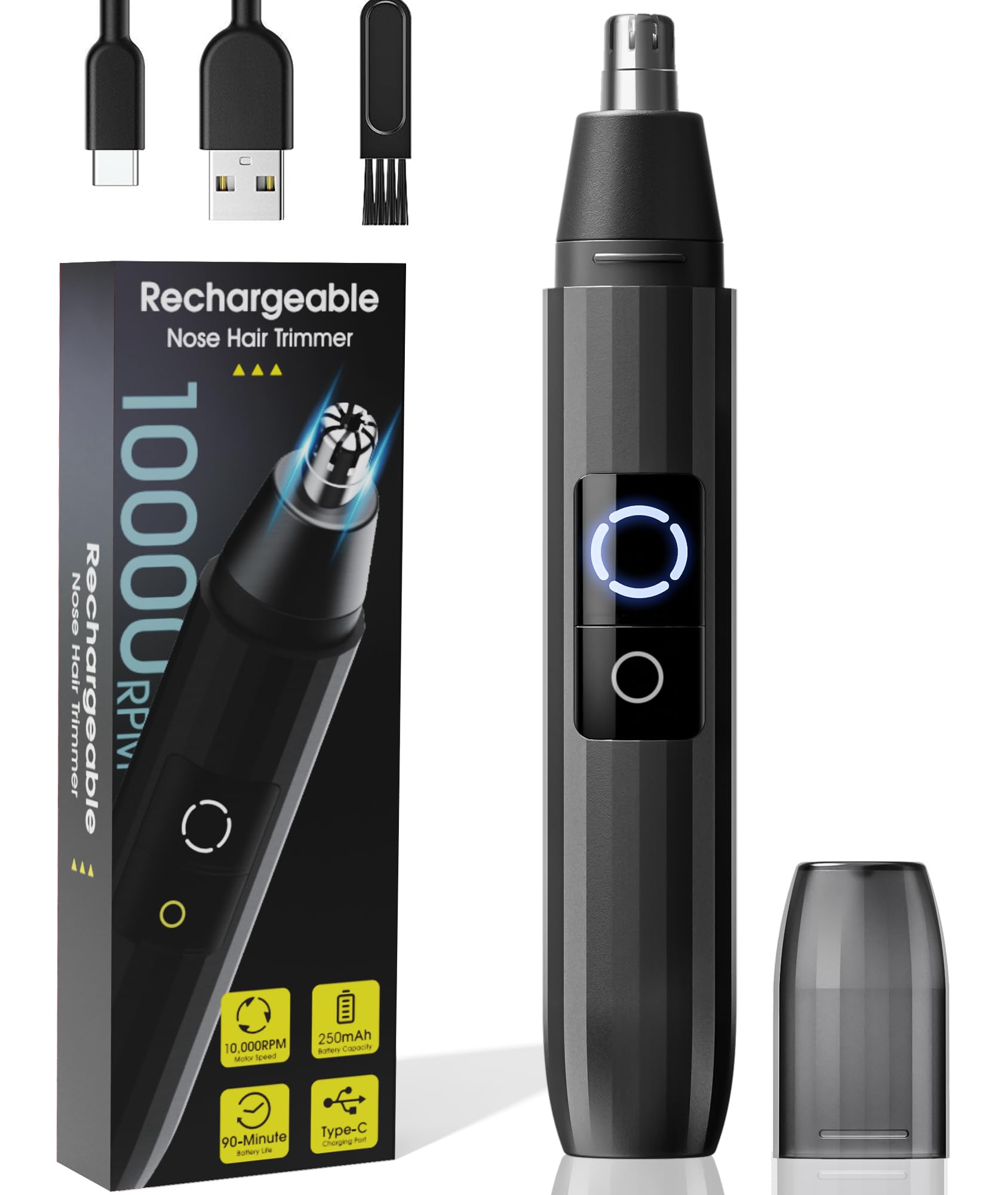 Ear and Nose Hair Trimmer for Men Women, USB-C Rechargeable, Personal Portable Travel Nose Hair Grooming Tool with LED Light, Lightweight (Black)