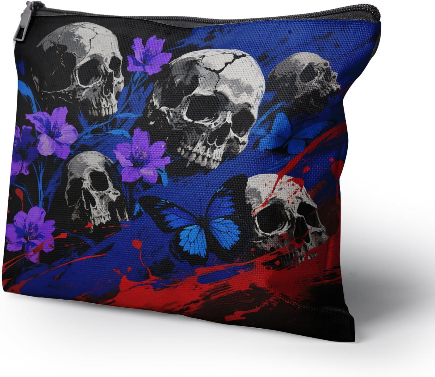 Cafl Gothic Dark Skull & Butterfly Makeup Bag Travel Large Cosmetic Bag Organizer toiletry Essentials Jewelry Skincare Zipper Bag For Women -10×8 inch image 2