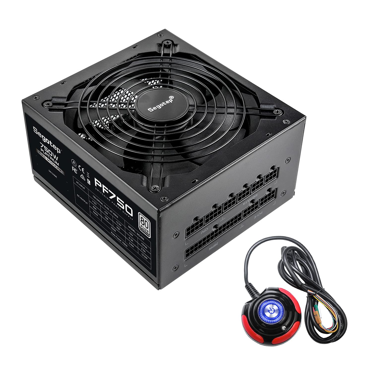 Segotep 750W Power Supply 80+ Platinum Fully Modular ATX PSU + PC Power Button Extension