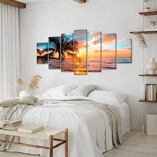 Miniatura 4 de NutArtPic 7 piezas de lienzo extra grande para pared de playa, palmeras tropicales, paisaje, amanecer, paisaje, pintura para decoración de pared del