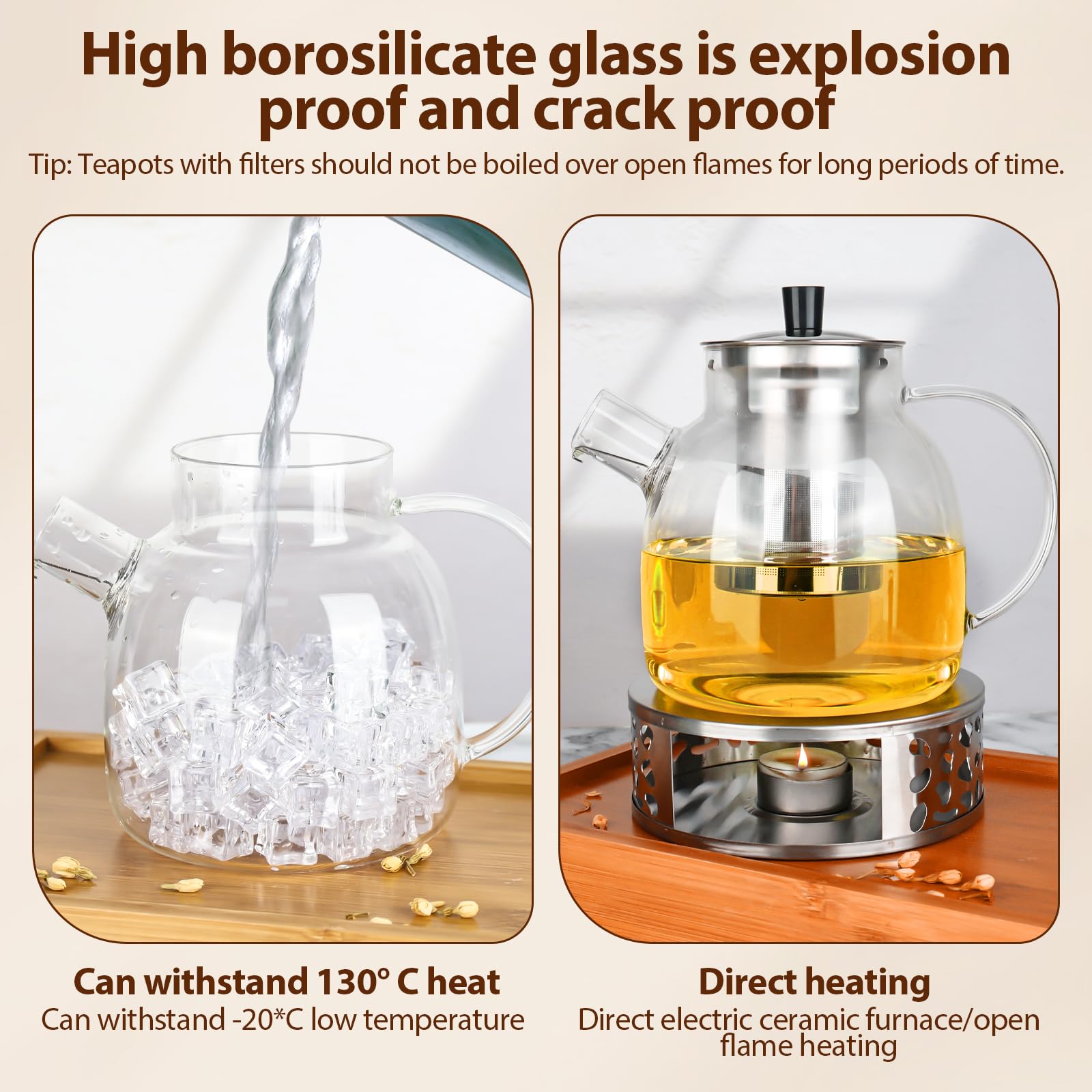 1.5L Teekanne mit Siebeinsatz und Stövchen, BorosilikatglasTeekanne mit Siebeinsatz Teekanne Glas mit Edelstahl Teewärmer für Losen Tee Alle Teesorten Teebeutel