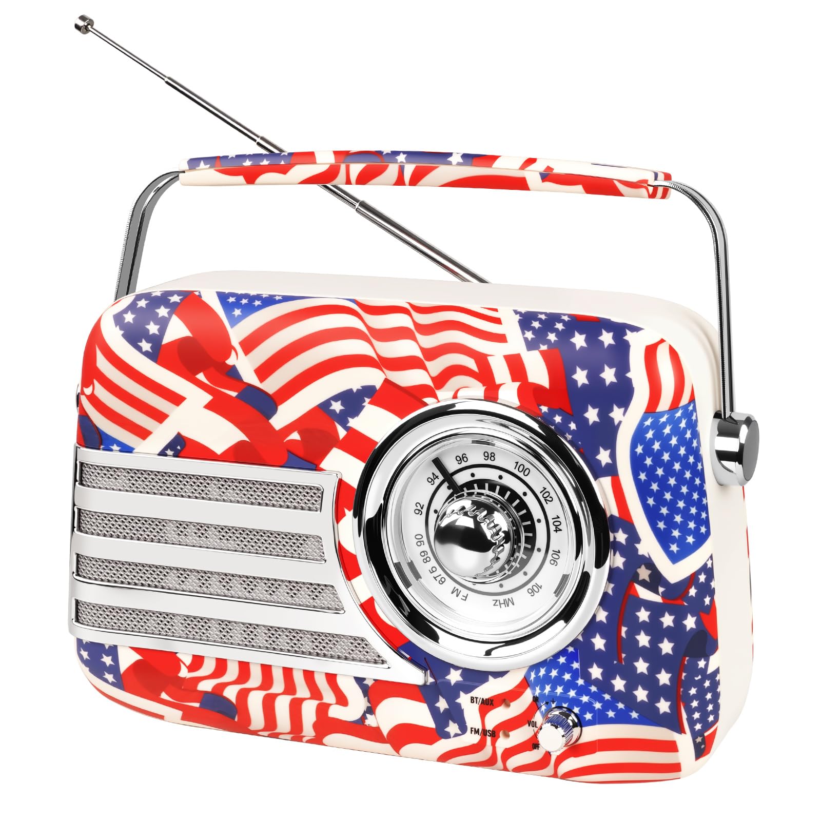 Portable Vintage Radio Bluetooth Speaker, FM Retro Radio 87.5-108MHz, 2500mAh Rechargeable Battery, 20+ Hours Playtime with Bluetooth 5.3, Type-C Charging, Patriotic American Flag Design-image-5