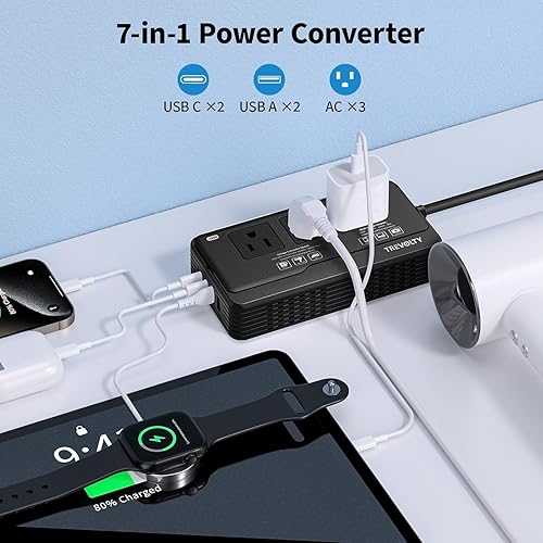 Miniatura 3 de Convertidor de voltaje de 2000 W de EE. UU. a Europa, 7 en 1 de 220 V a 110 V Combo con 3 salidas de CA, 2 puertos USB y 2 puertos tipo C, adaptador